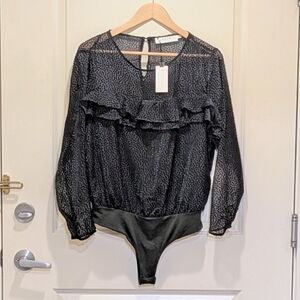 NWT ASTR the Label M Sheer Green Flocked Ruffle Bodysuit